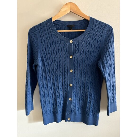 Talbots Blue Cable Knit Cotton Cardigan Small Gold Buttons Preppy Academia - Picture 1 of 10